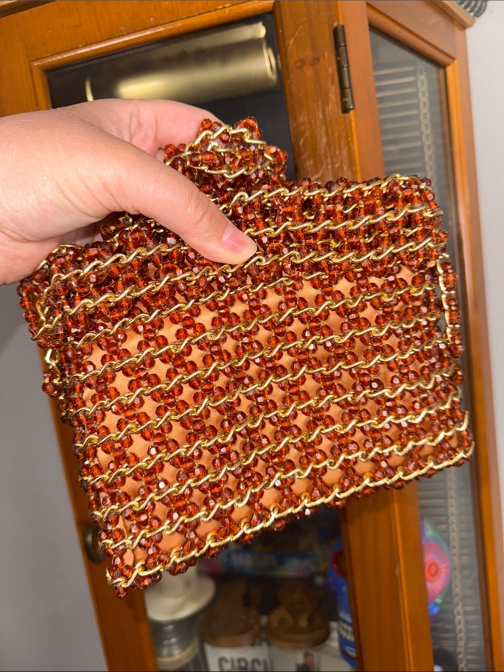 Beaded Chain Detail Women's Clutch Bag - Amber